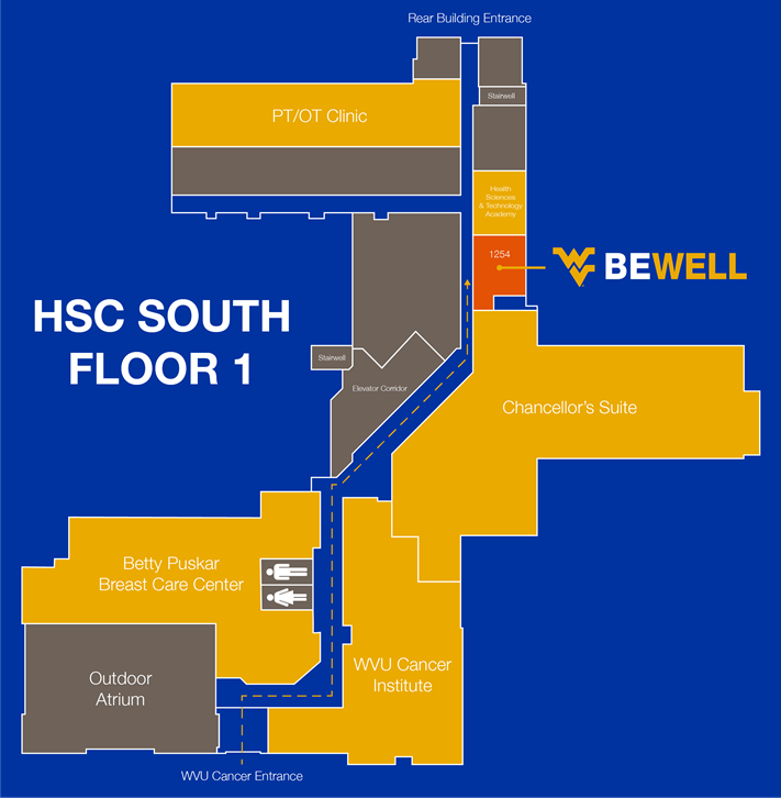 map highlighting BeWell suite at the Health Sciences Center