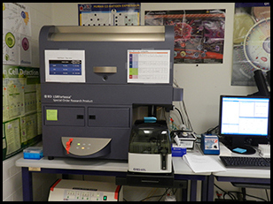 A BD LSRFortessa flow cytometer, a large gray scientific instrument, is shown on a lab bench with a computer setup beside it. The background features informational posters related to cell biology and gene expression.